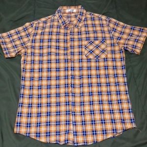 Skinhead style short-sleeved button down shirt. Yellow with blue stripes.